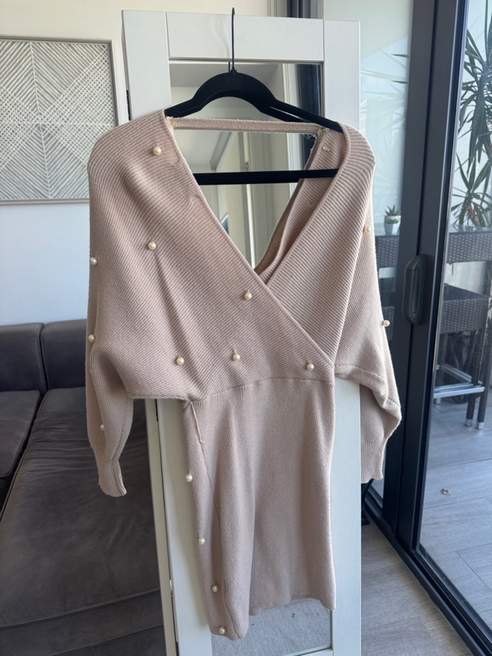 Beige Pearl-Embellished Knit Wrap Dress